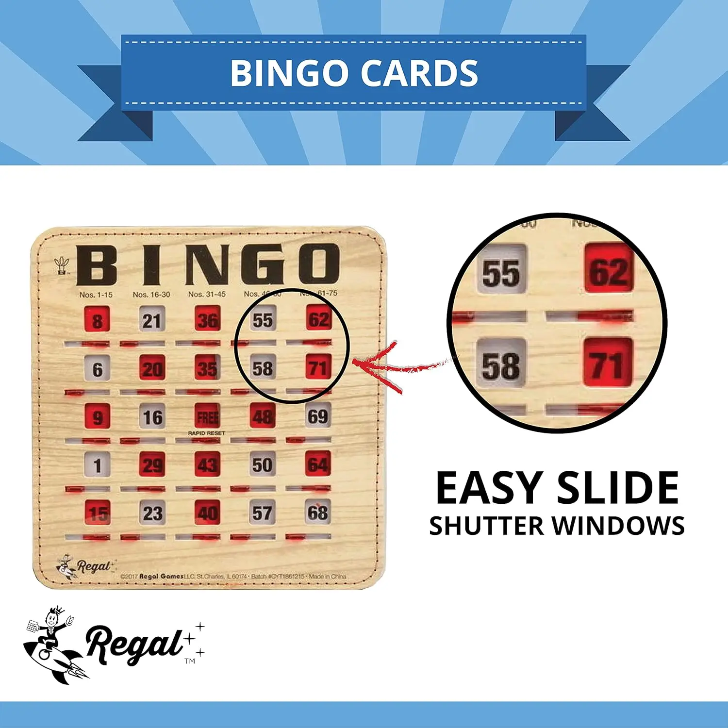Bingo Bingo Cards with Sliding Windows-Extra Thick Stitched Cardstock-Woodgrain Reusable & Large Cards Ideal for Fam
