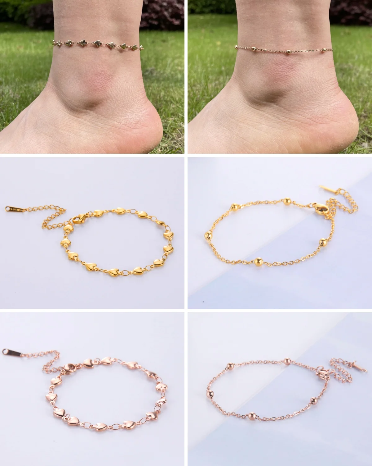 Kkjoy Einfache Edelstahl Gold Farbe Perle Herz Anhänger Fußkettchen Für Frauen Zarte Schmuck Strand Fußkettchen Party Geschenk Für Mädchen – Detail 3