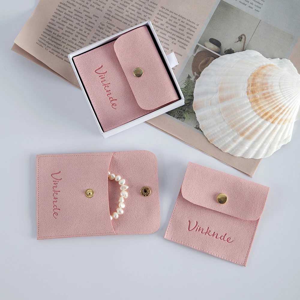 50pcs Custom Logo Jewelry Pouches Microfiber Snap Button Rings  Earrings Packaging Organizer Gift Bags Wedding Stuff Wholesale