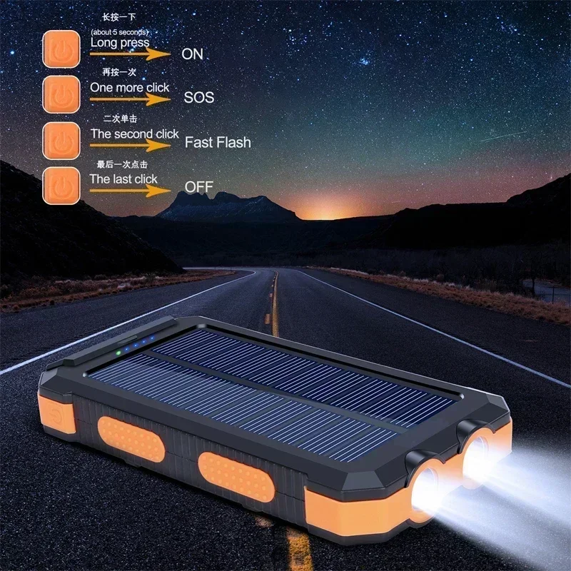 New Waterproof Solar Power Bank Portable Large Capacity 200000mah Fast Charging External Battery Power Super Bright Flashlight