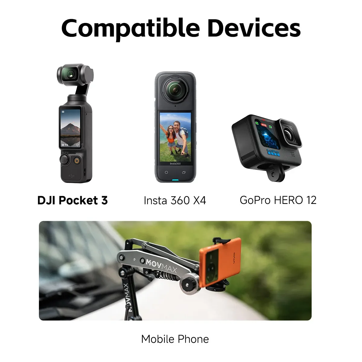Vaxis Movmax 블레이드 암, DJl 포켓 3 Insta 360 X4 GoPro HERO 12 휴대폰용, 유압 조절 가능한 댐핑 N2 암 기술