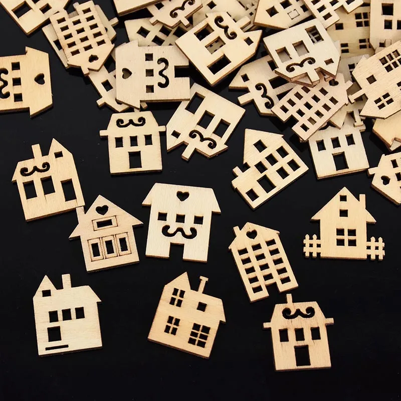 

50Pcs Wooden House Shaped Embellishments Unfinished Wood Cutouts Ornaments Xmas Tree Hanging Ornaments For Home DIY Craft Decor