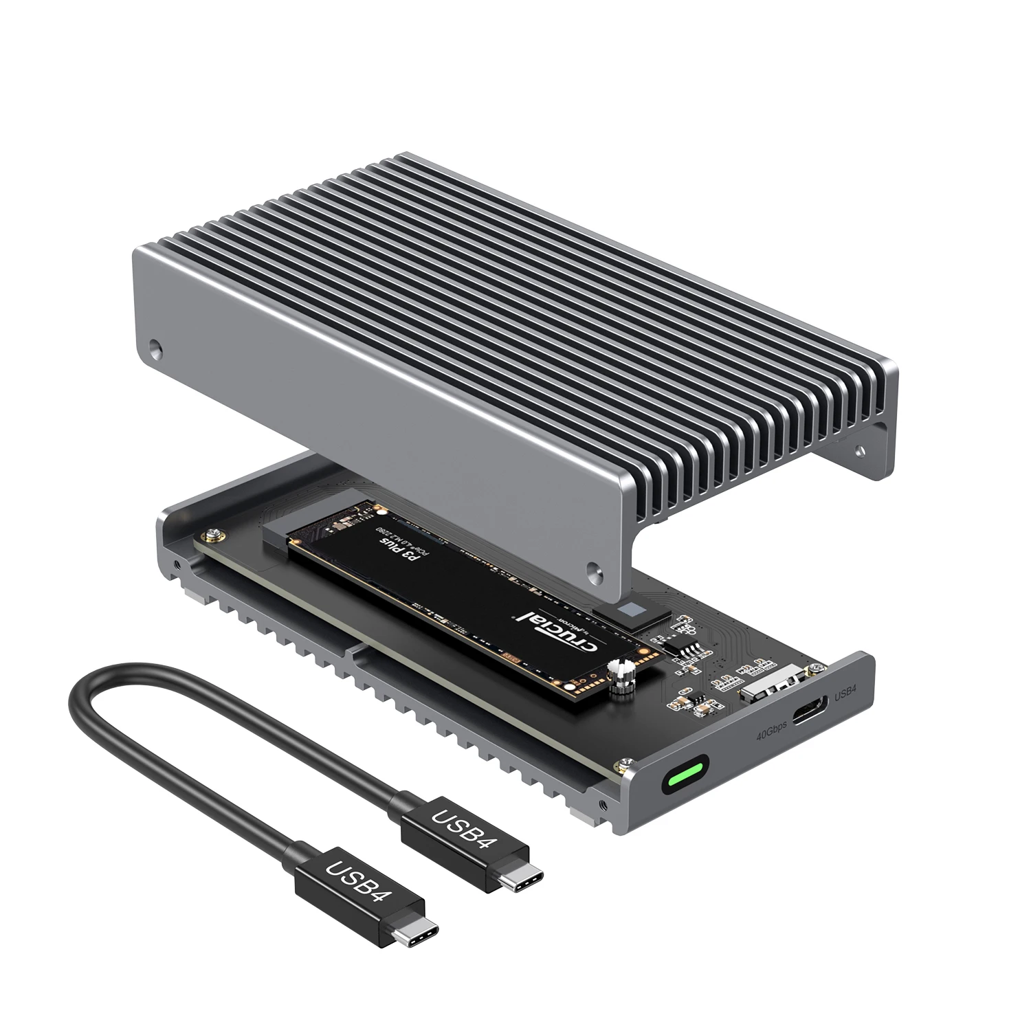 QWIIZLAB Безвентиляторный твердотельный накопитель USB4 M.2 NVMe, 40 Гбит/с, тип C, PCIe Gen 4 UASP, подходит для размеров 2280/2260/2242/2230 мм, поддерживает ключ M Key B&M, прочный алюминиевый корпус (серый)