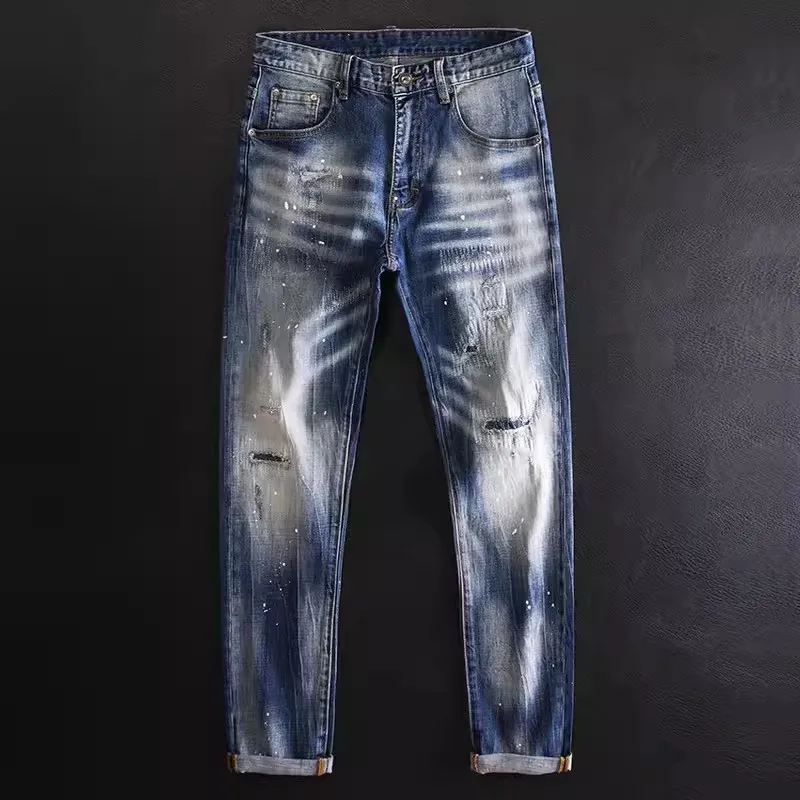 Fashion Streetwear Men Jeans Retro Blue Stretch Slim Fit Painted Ripped Jeans Men Patched Designer Vintage Denim Pants Hombre