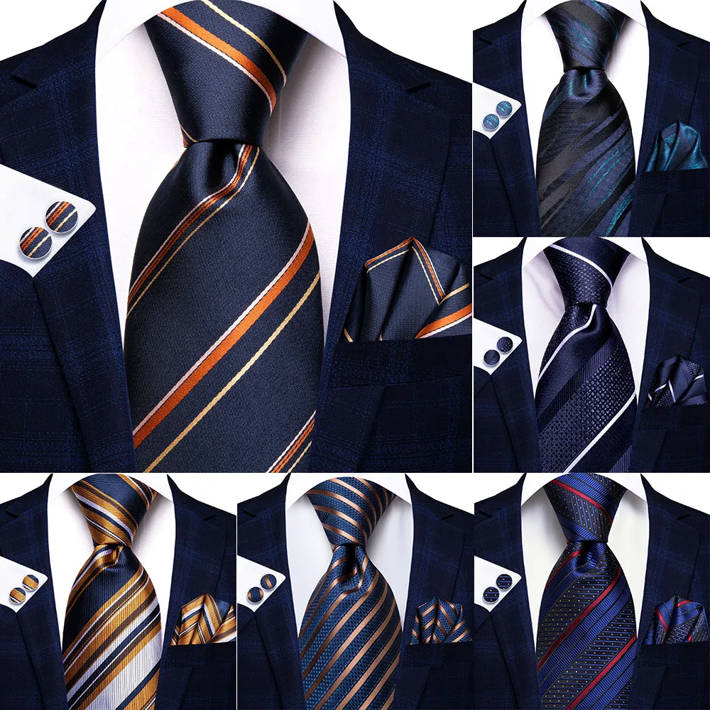 

Hi-Tie Designer Striped Blue Gold Silk Wedding Tie For Men Gift Mens Necktie Handky Cufflink Fashion Business Party Dropshiping