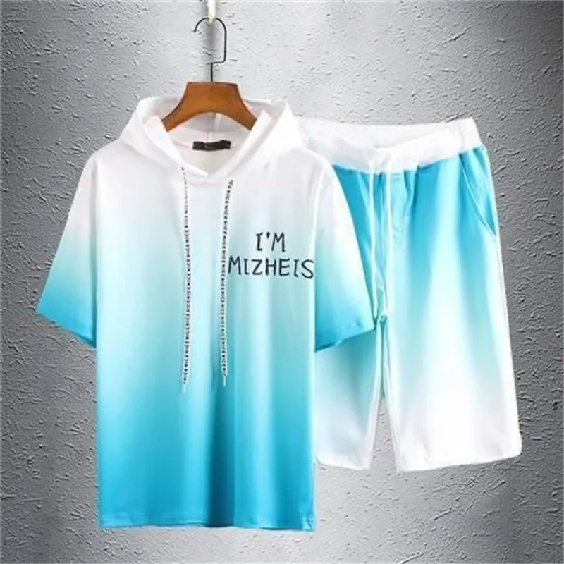 

New Men Summer Gradient Color Hoodie Set Thin Quick Drying Ice Silk Suit Breathable Tracksuit T-shirt + Shorts Two Piece Set