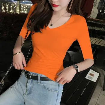 New Casual Solid Tops Women's Mid-sleeve V-neck T-shirt Summer Orange 2025 Fashion Bright Slim Half Sleeve Tees Female Clothing 1