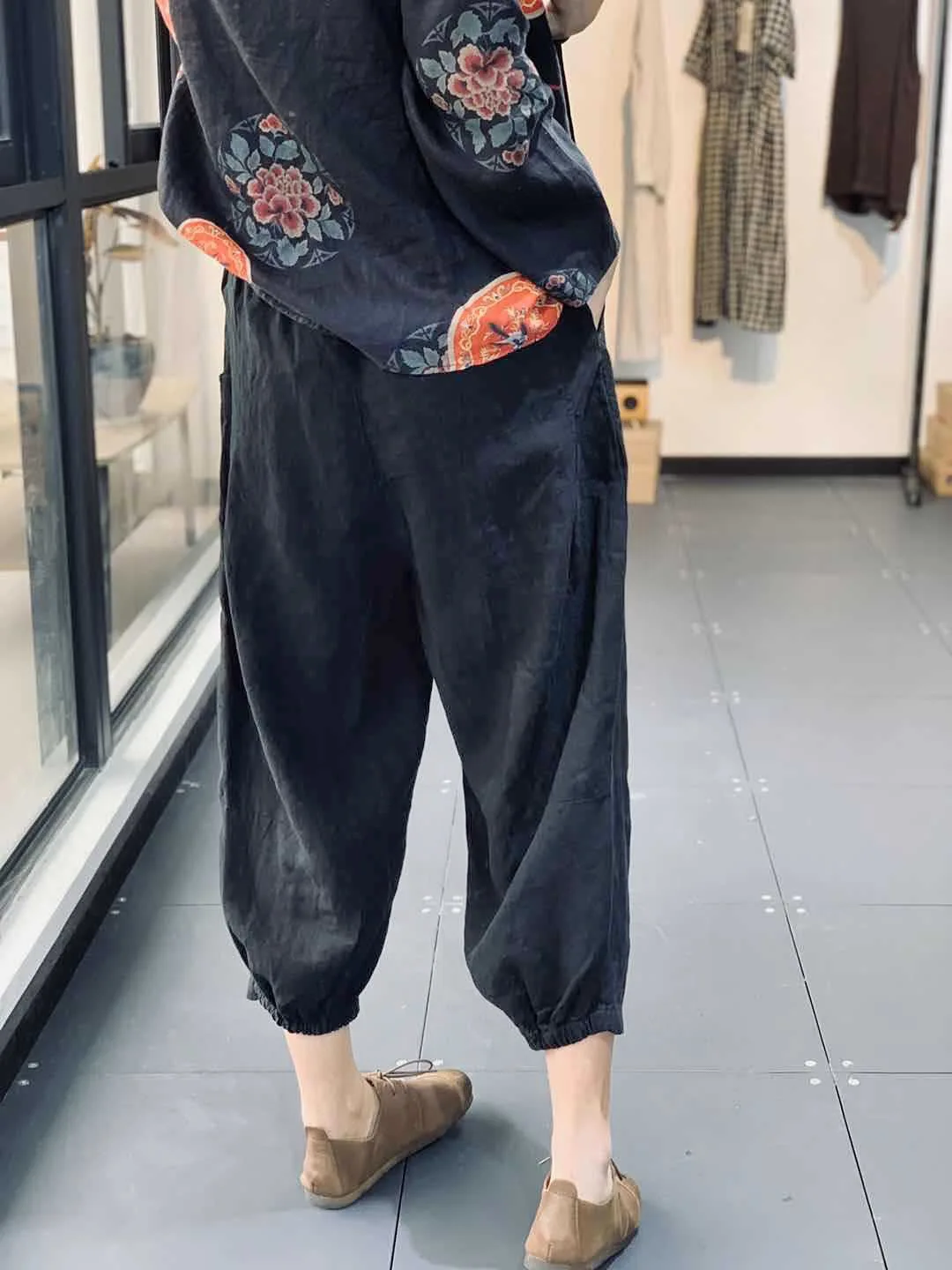 plaid pants Women Linen Pants Ladies Elastic Waist Flax Pants Female Solid Color Embroidered Linen Trousers Summer Calf Length Pants FT88 capri pants