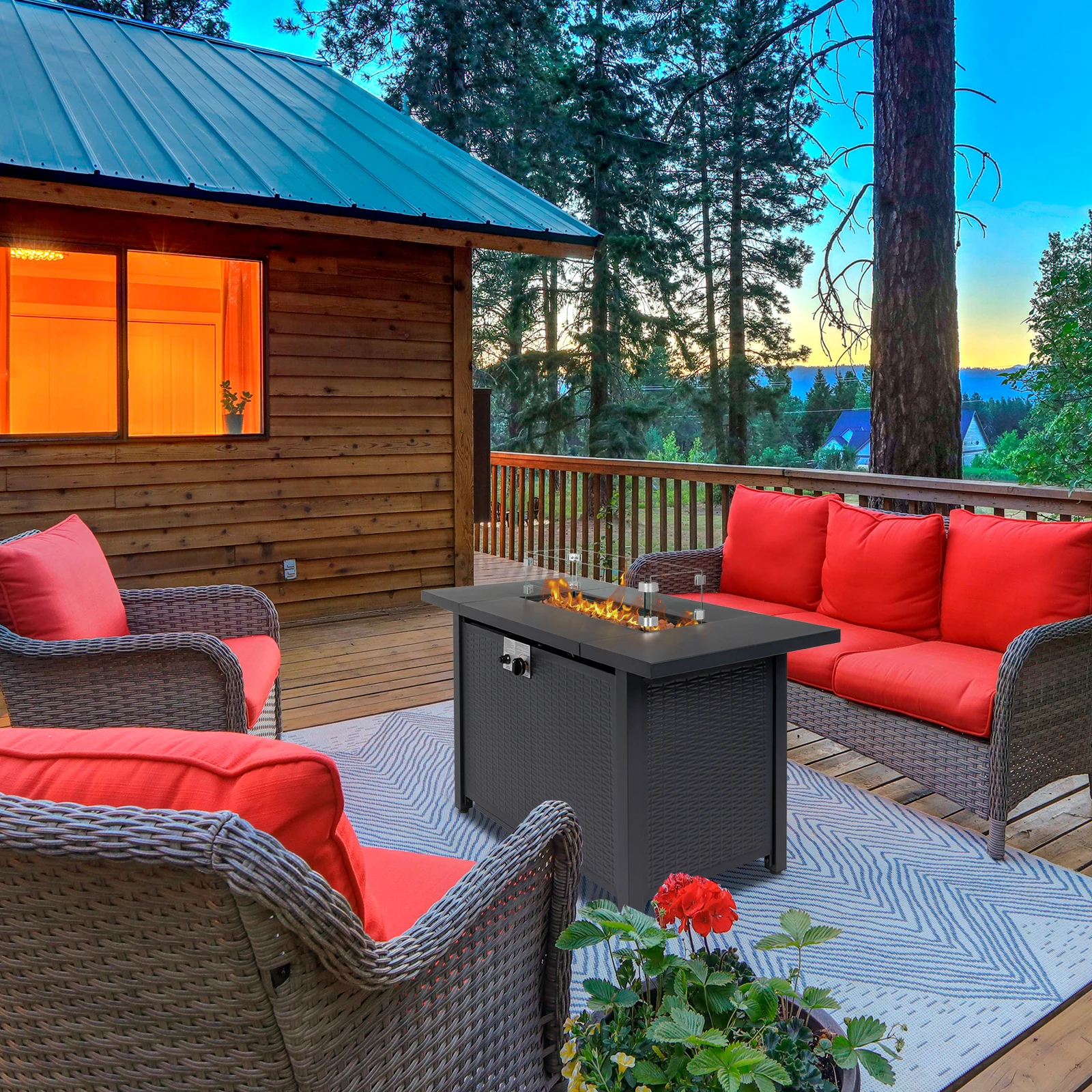 43-Inch Fire Table，50000 BTU Gas Firepit with Volcanic Stone Black