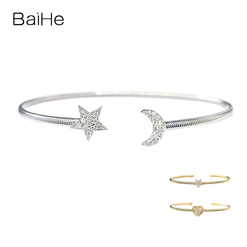 

BAIHE Solid 14K Yellow Gold H/SI Natural Diamond Star Moon Heart Bracelet Women Wedding Trendy Fine Jewelry ブレスレット pulseras