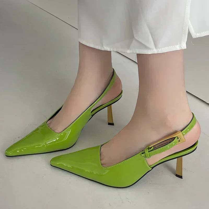 Patent Leather Green Women Pumps Sexy Pointed Toe Metal Buckle Strap Thin High Heels Summer Elegant Slingbacks Heeled Sandals 35 Patent Leather Green Women Pumps Sexy Pointed Toe Metal Buckle Strap Thin High Heels Summer Elegant Slingbacks Heeled Sandals - Image 5