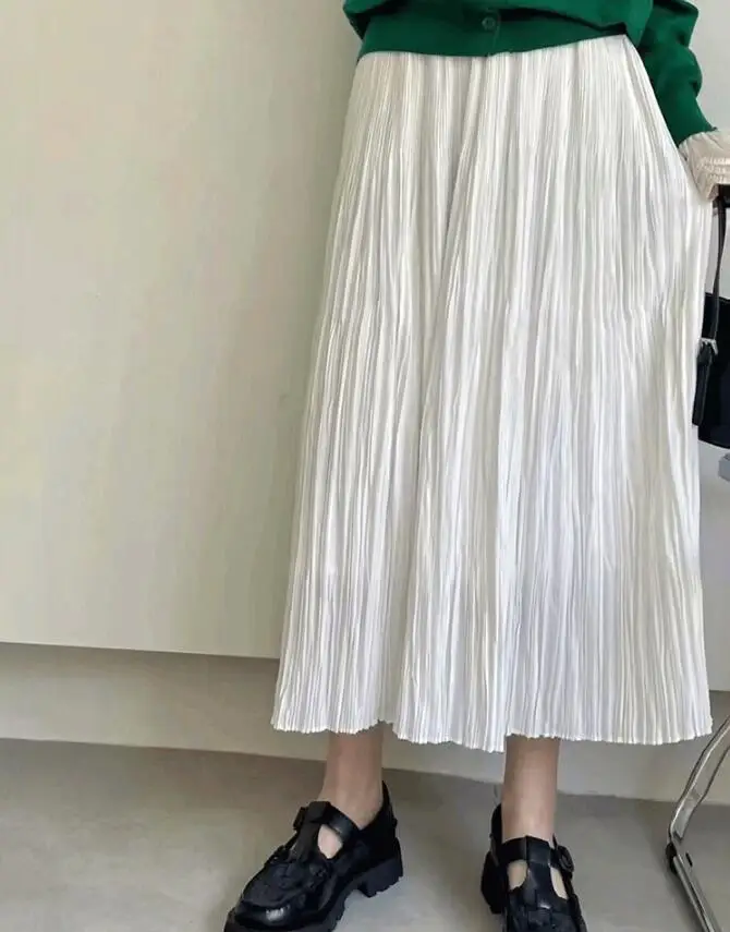 

Long Pleated Skirts for Women Green Summer Spring Elastic Waist Pink Solid A Line Maix Skirt Young Causal Grey Black White Sasi