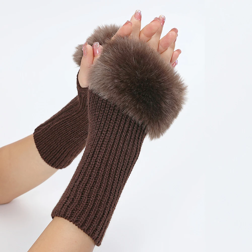 

Зимние теплые перчатки без пальцев с ремешком, женские плотные вязаные рукава из искусственного кроличьего меха, эластичные рукавицы для сенсорного экрана