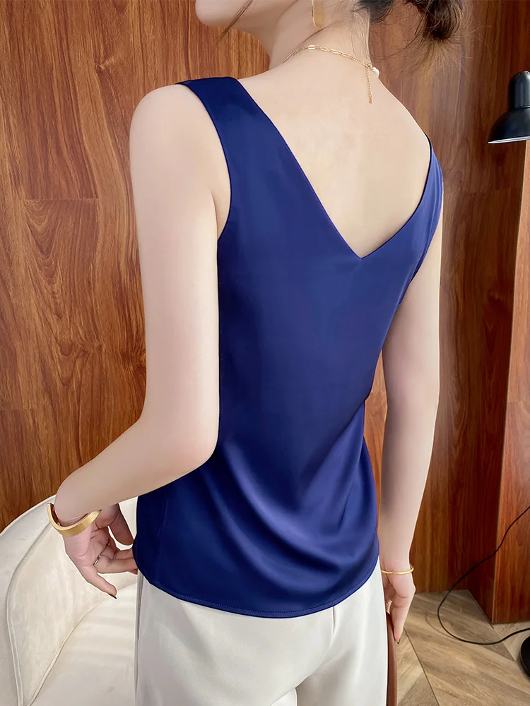 HONGHANYUAN Front Back V-neck 2022 Beautiful Women's Silk Blouses Summer Office Black Sleeveless Elegant Tops Shirts, Drop Ship