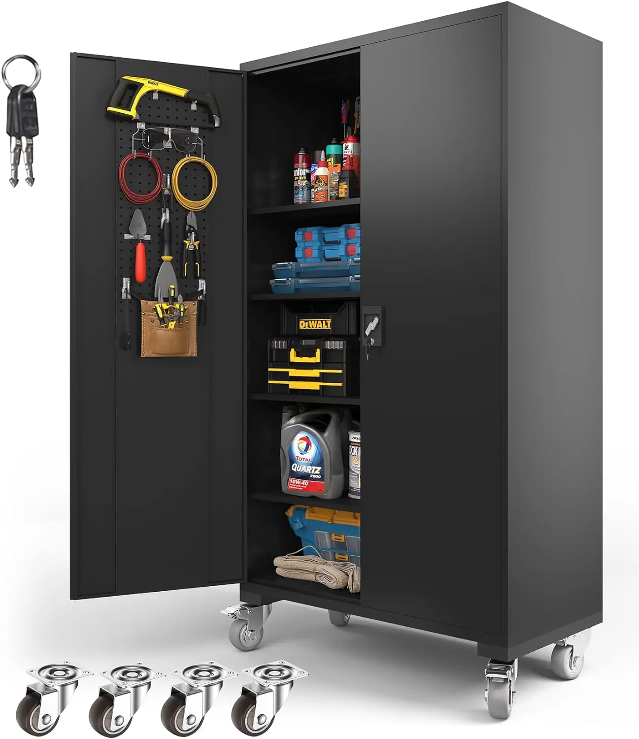 

Upgraded Wide Metal Storage Cabinet - 72 Inch Black Lockable Garage Cabinet with Wheels & 4 Adjustable Shelves