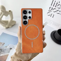 Trendy Solid Color Denim Phone Case with Magsafe Compatibility & Shockproof Protection for Galaxy S23 Ultra (Orange)