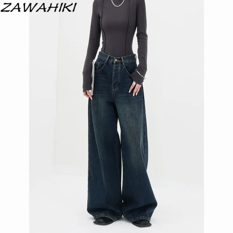 

American Retro Blue Wide Leg Jeans Women Spring Summer New Oversize Loose High Waist Solid Color Minimalist Casual Denim Pants