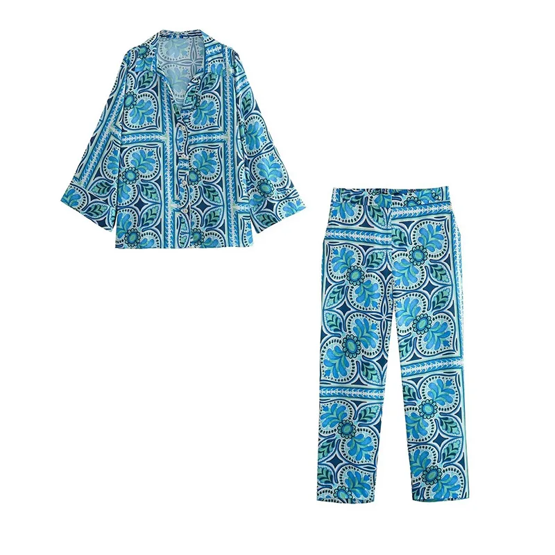 

SuperAen Summer 2023 New Women European and American Style Lapel Print Loose Shirt+high Waist Print Pants Two Pieces Sets