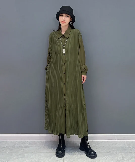 Vestido camisero plisado informal de manga larga para mujer, traje
