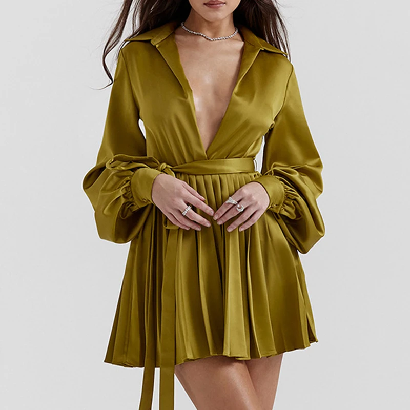 

2024 Spring Fashion Lapel A-Line Satin Dress Women Deep-V Solid Shirt Tie-Up Dress Female Lantern Sleeve Pleated Dress Vestidos
