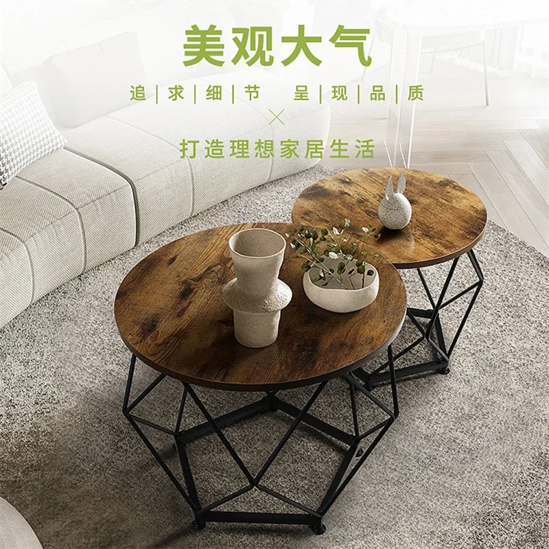 Nordic Light Luxury Steel-wood Coffee Table Two-piece Set Wrought Iron Solid Wood Round Coffee Table Home Low Living Room