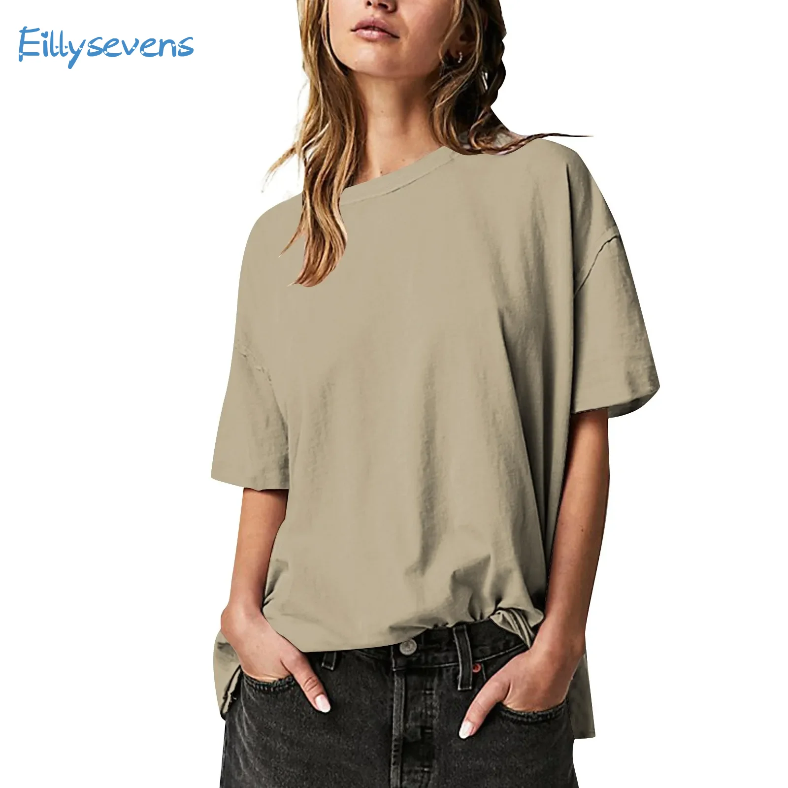 

Simple Tops For Women Classic Solid Color Short Sleeve Round Neck Tops Causal Loose Fit Basic Tees Split Hem All-Match Tops