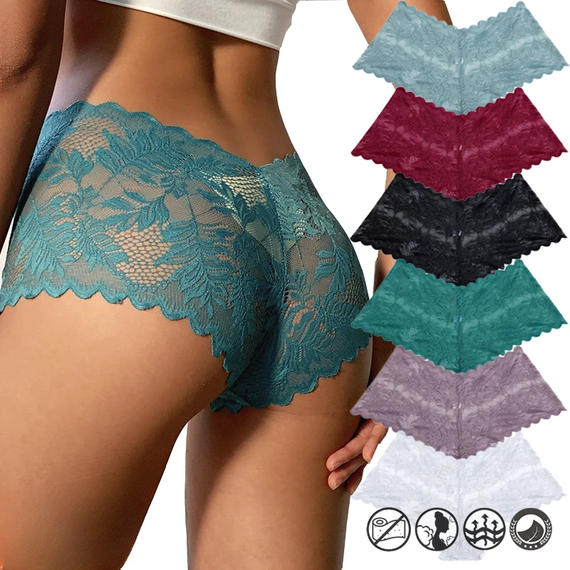 

2023 Women Sexy Lace Panties Floral Perspective Uderwear Solid Color Intimates Boyshort Female V-Waist Breathablle Soft Lingerie