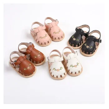 Newborn Infant Baby Girl PU Leather Embroidery Flower Sandals Summer Soft Sole Flat Princess Shoes Infant Non-Slip First Walkers