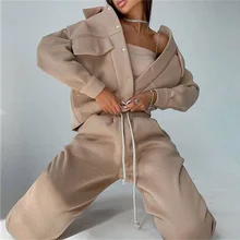 

Jacket Suits For Woman Short Casual Thick Coat Drawstring Pencil Pants 2 piece Set Long Sleeves Ladies Fitness Suit Sportwear