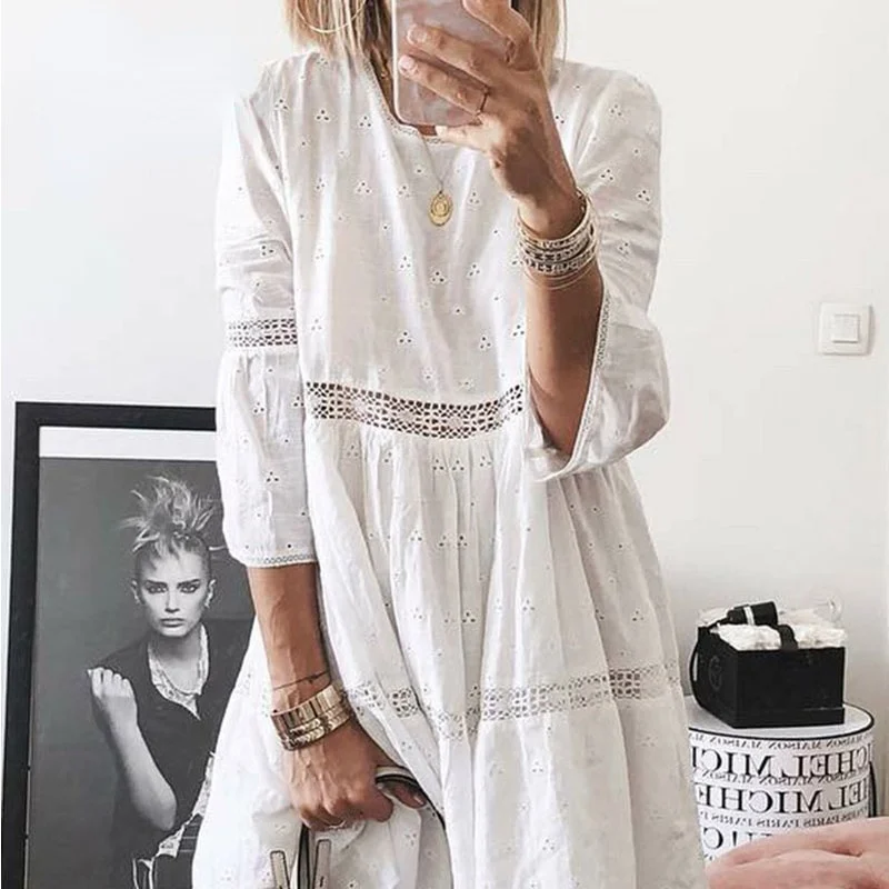 

Broken Flower Hollow Loose Casual Party Dress New Style Ladies Elegant Embroidery Lace Dress White Female Stitching Dress Type