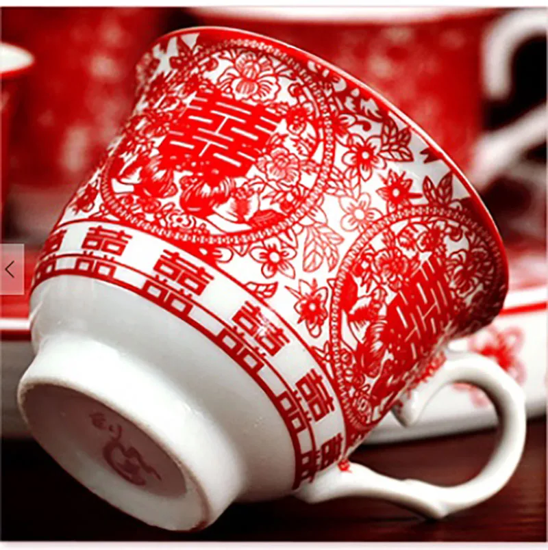 Chinese Tea Gift Set Service, Porcelain Tea Pot, Cups Tray for Newlywed Tea Ceremony, Wedding Party, Home Decor, Double Happin