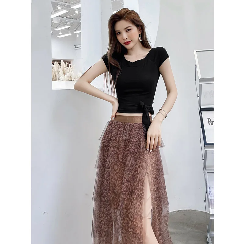 

High-end Women Summer Black V-neck Shirt Top + Mesh Leopard Print Skirt Elegant Lady Casual Suit 2 Pieces Set Female XL