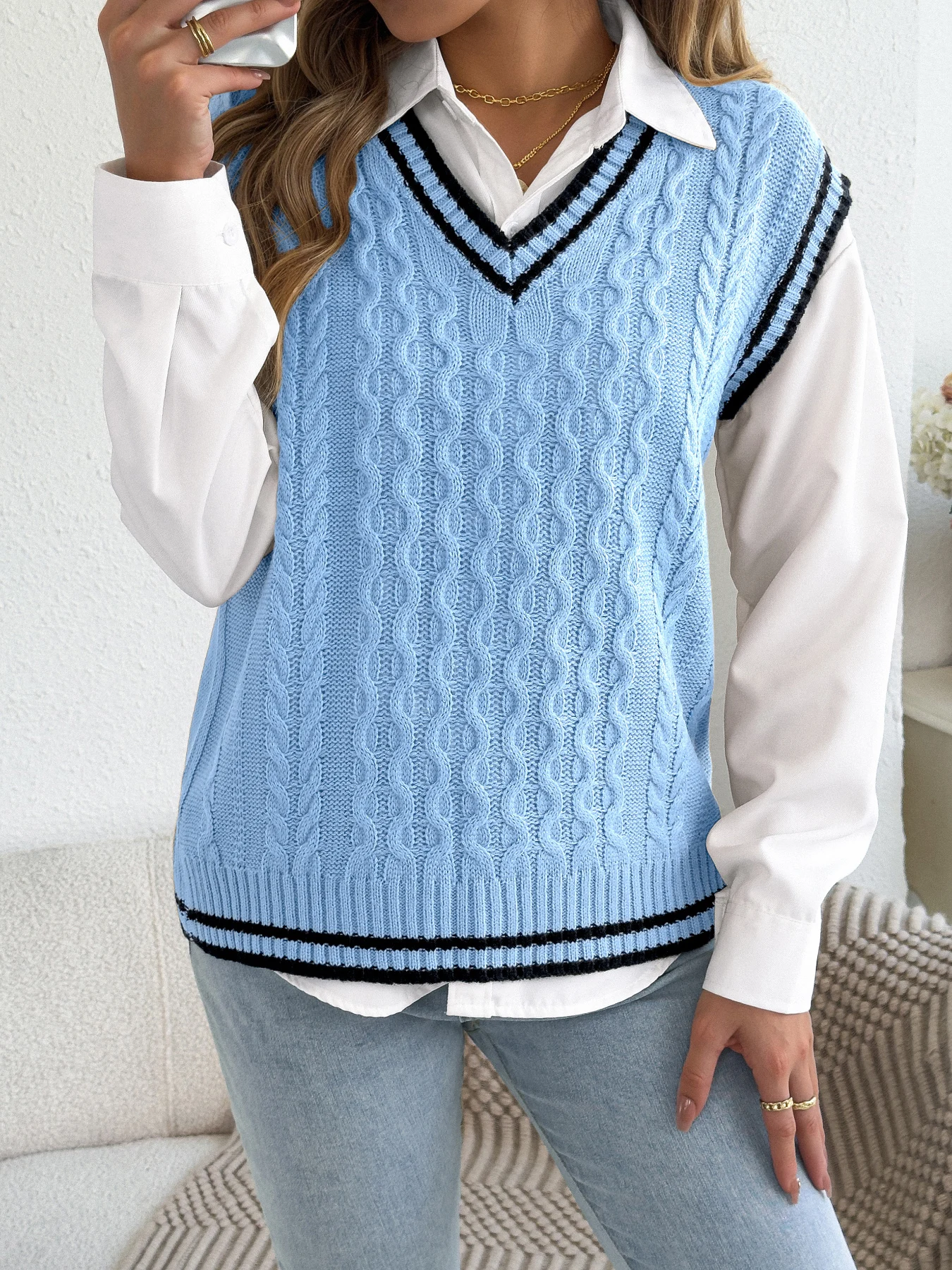 Women Color Block Striped Sweater Vest Autumn Winter