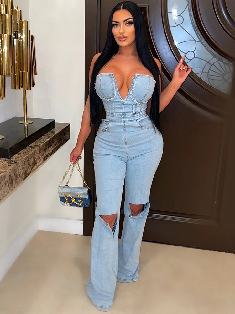 

Sibybo Sexy Hollow Holes Jeans Fashion Sleeveless Zipper Denim Jumpsuits 2024 Spring And Summer Spicy Girl Look Slimmer Clothes