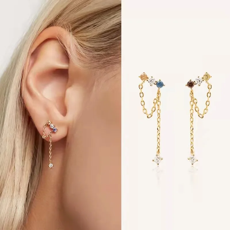 Colorful Diamond Tassel Earrings s925 Sterling Silver Asymmetric Earrings Korean Edition Temperament Earrings Simple Jewelry