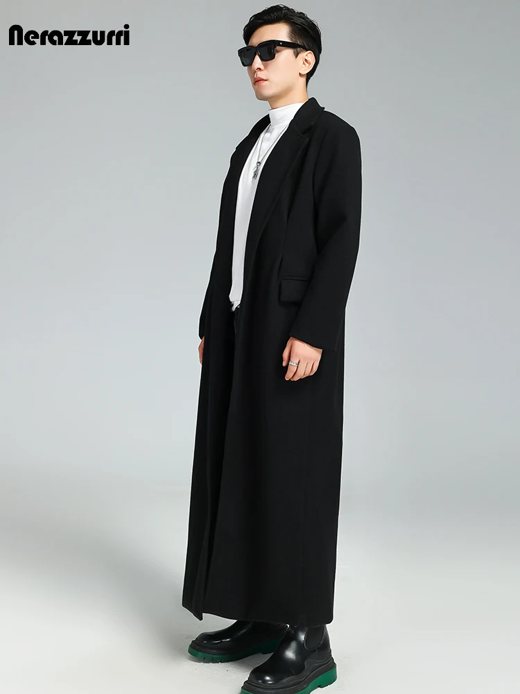 Nerazzurri Autumn Winter Extra Long Soft Black Warm Woolen Coat for Men Loose Casual Korean Fashion 2023 Wool & blends Overcoat 4