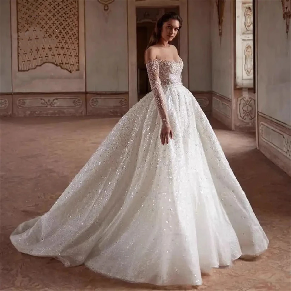 Luxury Glitter Boat Neck Crystal Beading Ball Gown Wedding Dresses For Women 2024 Court Train Bridal Gown Vestidos De Novia