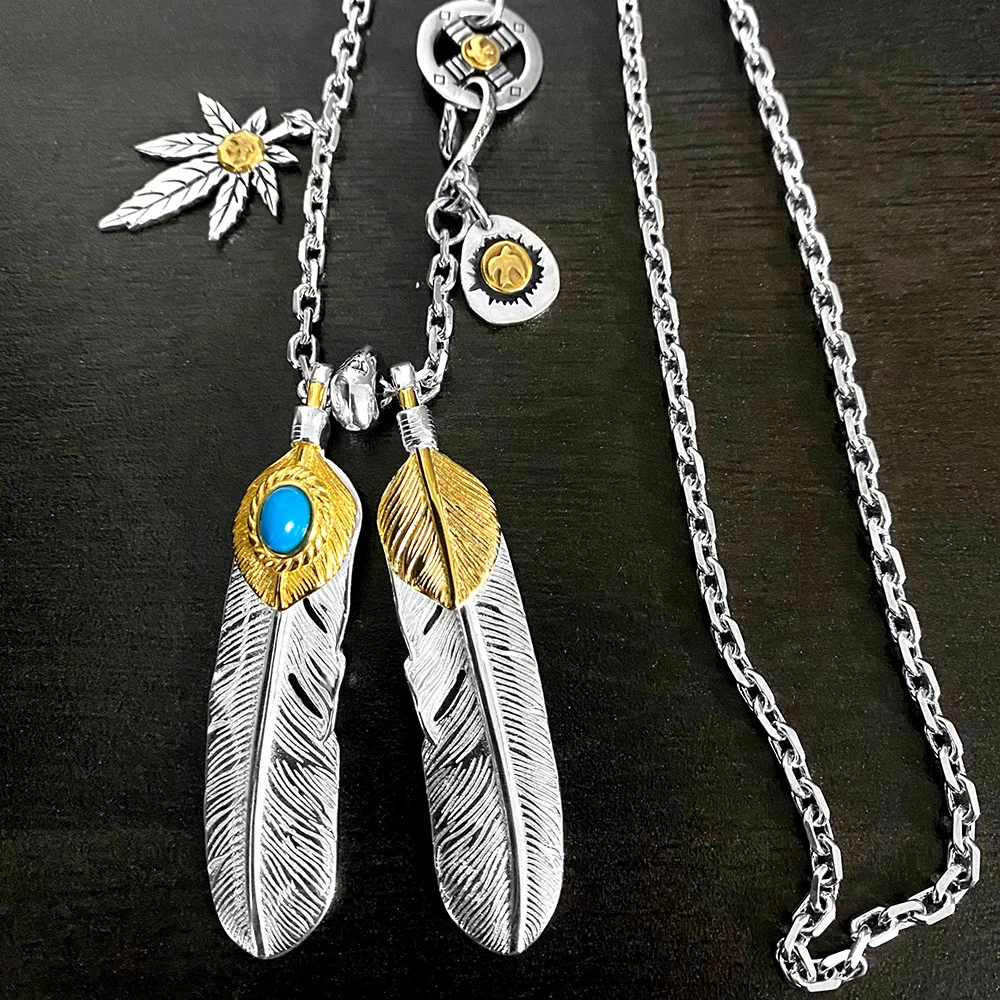 Eagle claws inlaid blue pine feather necklace