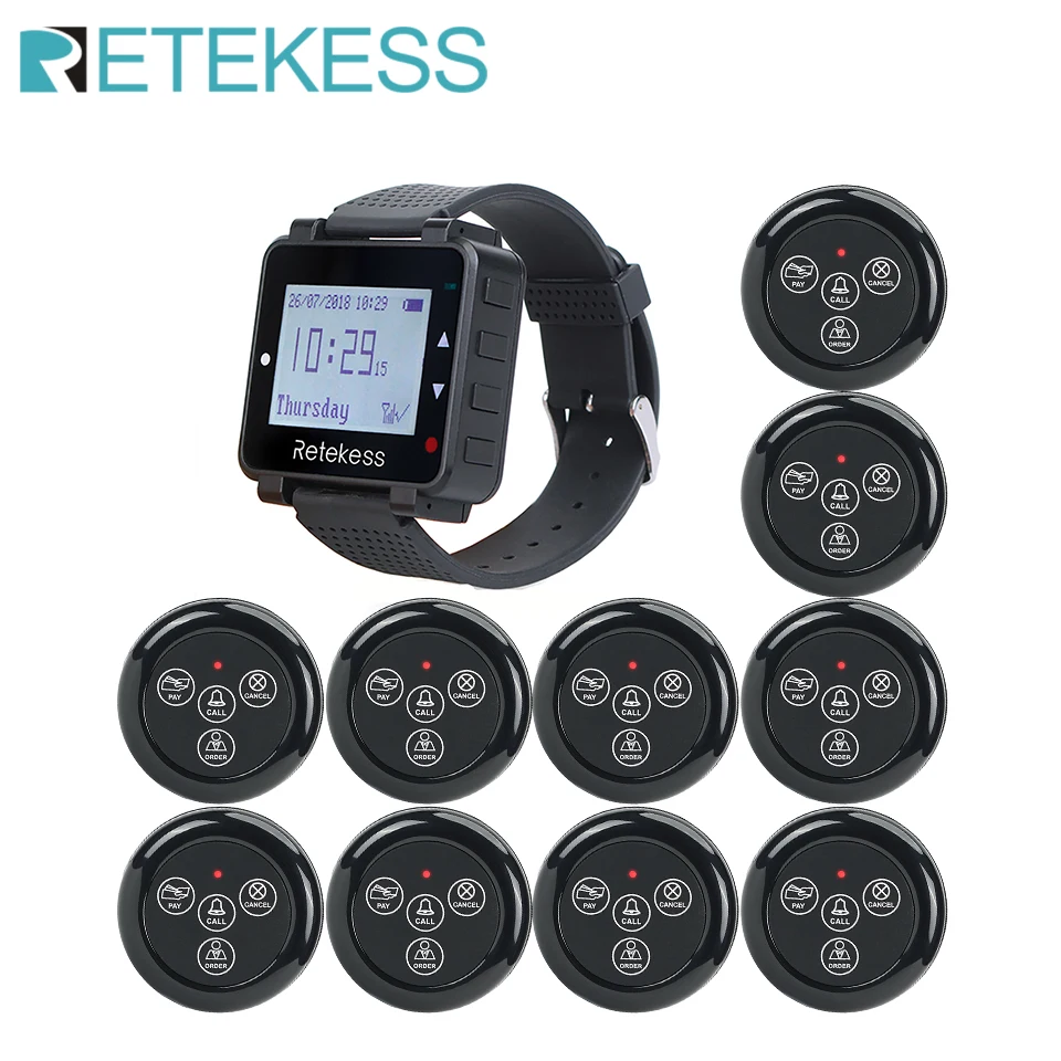 

Retekess T128 Restaurant Pager Wireless Waiter Calling System Watch Receiver + 10pcs TD032 Call Button For Cafe Clinic Dentist