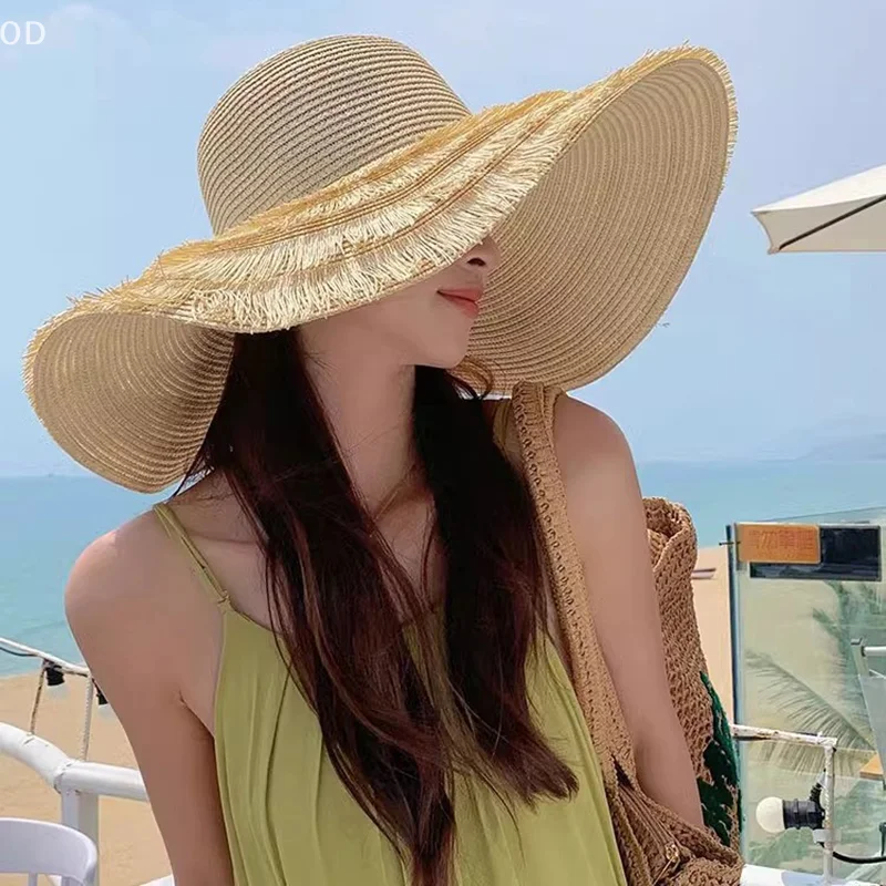 Durable Summer Beach Sunshade Straw Hat Women's Beach Vacation Sunscreen Hat Big Brim Straw Knitted