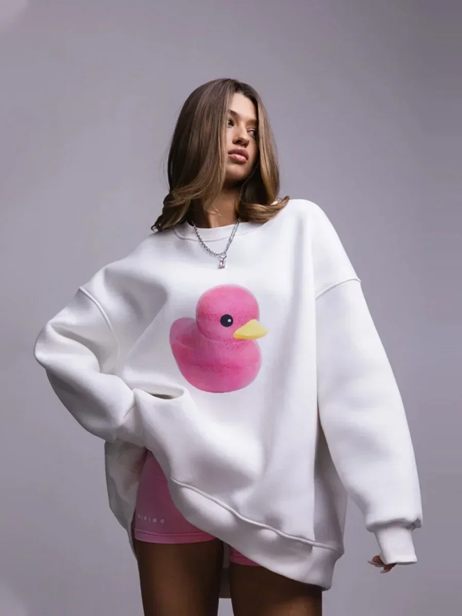 Bornladies  Autumn Winter Warm Yellow Duck Print Sweatshirt Women's Loose Round Neck Oversized Comfortable Trendy Casual Hoodies