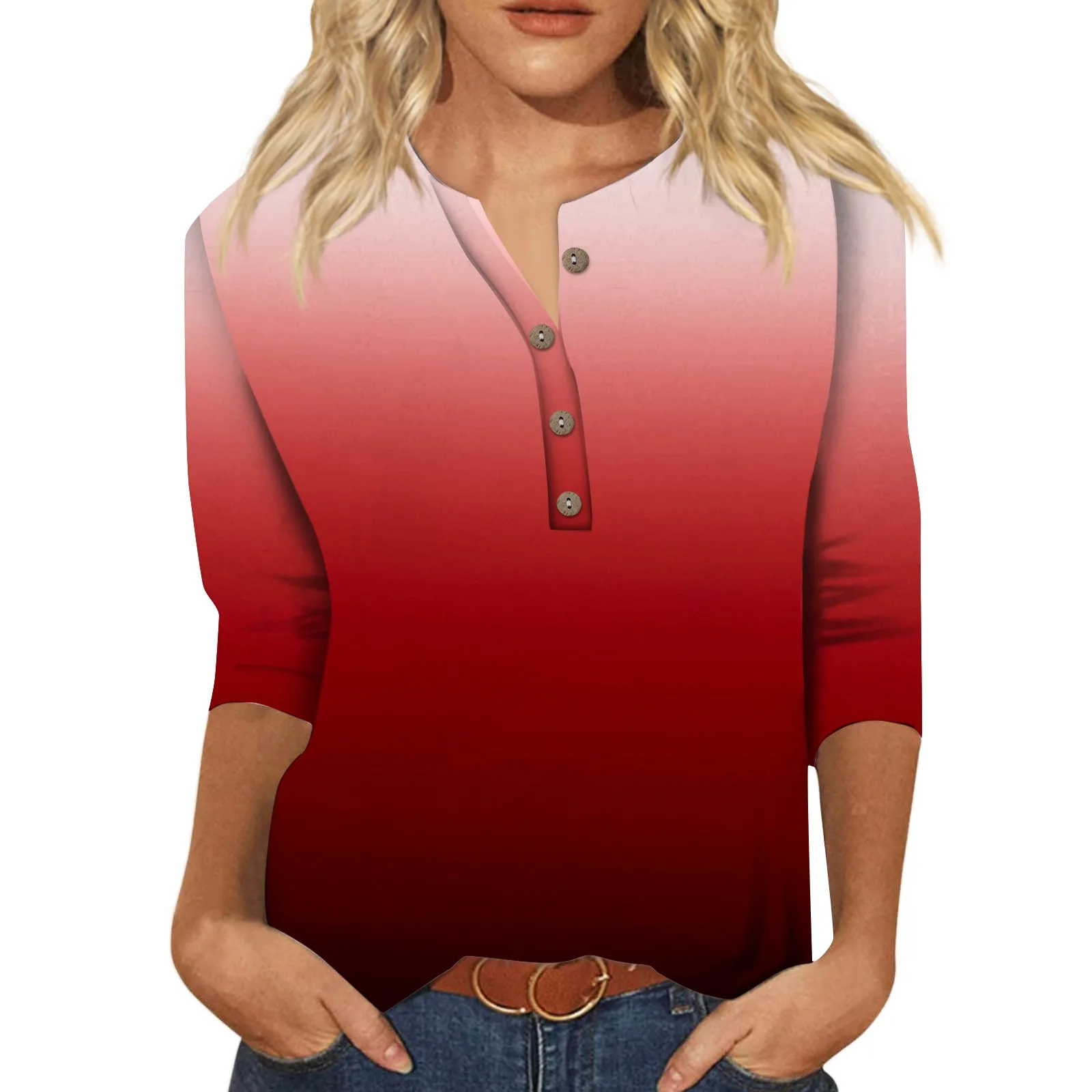 

Женская Осенняя футболка, новые модные топы с треугольным вырезом и пуговицами, футболки с градиентным цветным блочным принтом и рукавом 3/4, женская одежда 2023