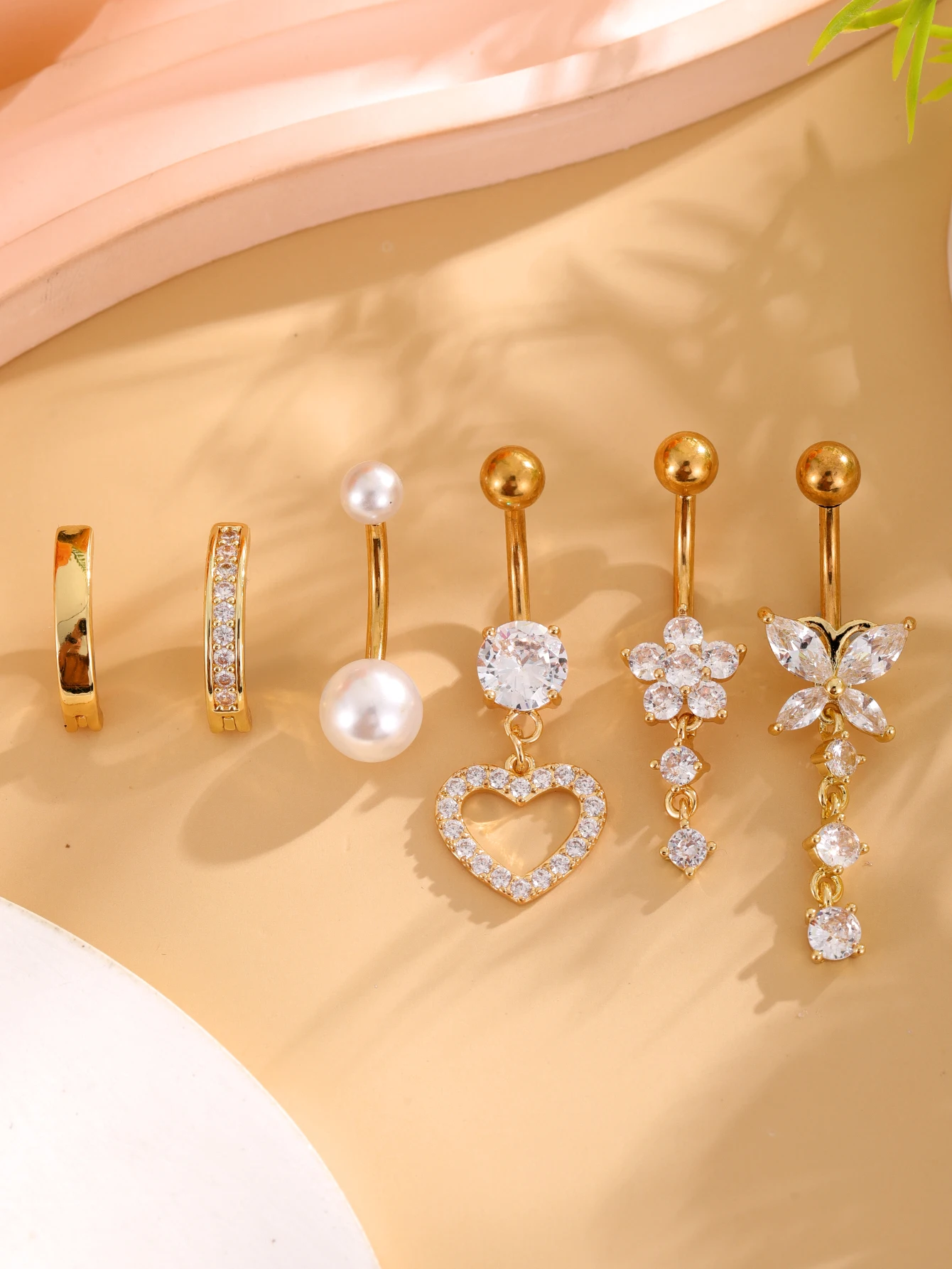 6 stücke Lange Baumelnde Blume Schmetterling Biene Bauchnabel Ring Sets Gold Farbe Körper Nabel Piercing Nombril Herz Gebogene Bauch schmuck – Detail 9