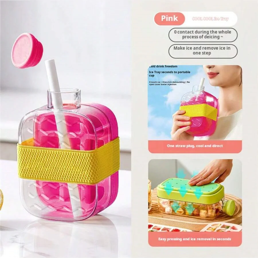 2-in-1 Water Bottle with Built-In Ice Tray & Straw, Leak-Proof Portable Sports Bottle Portable Ice Maker Bottle