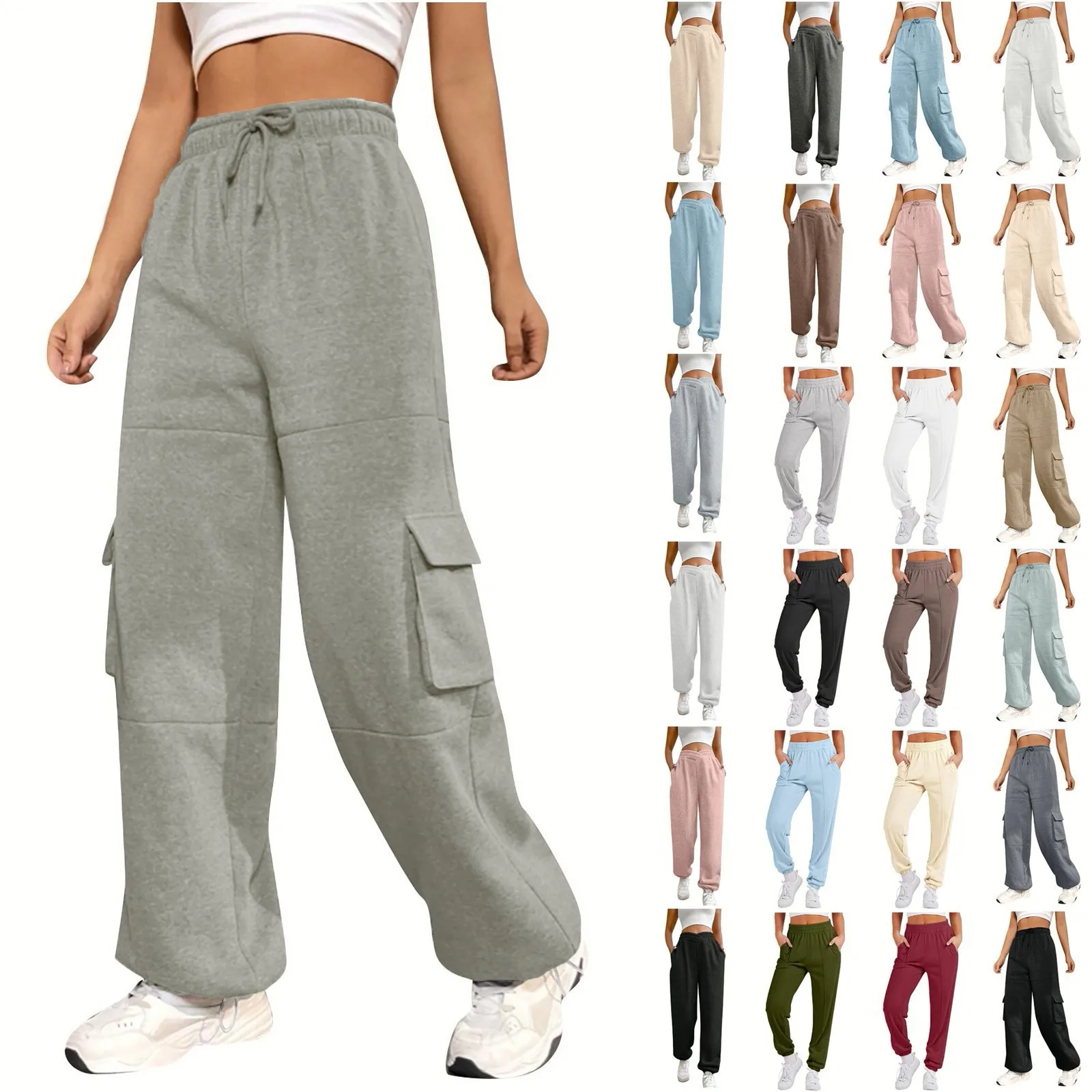 

Women's Basic Multi Pocket Pants Strap Elastic Waist Sports Straight Guard Pants Casual Comfortable Long Capris 한국인 리뷰 많은 옷