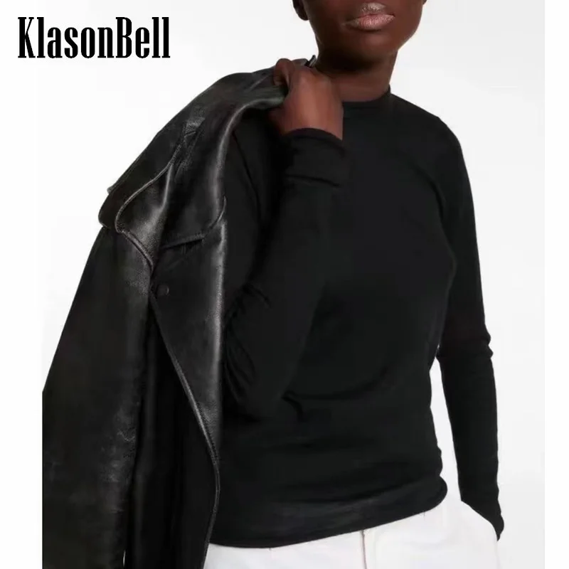 

12.31 KlasonBell Solid Color Wool Soft Long Sleeve Subcoating Top Tee Women Clothes Round Neck Spliced Slim Thin Basic T-Shirt