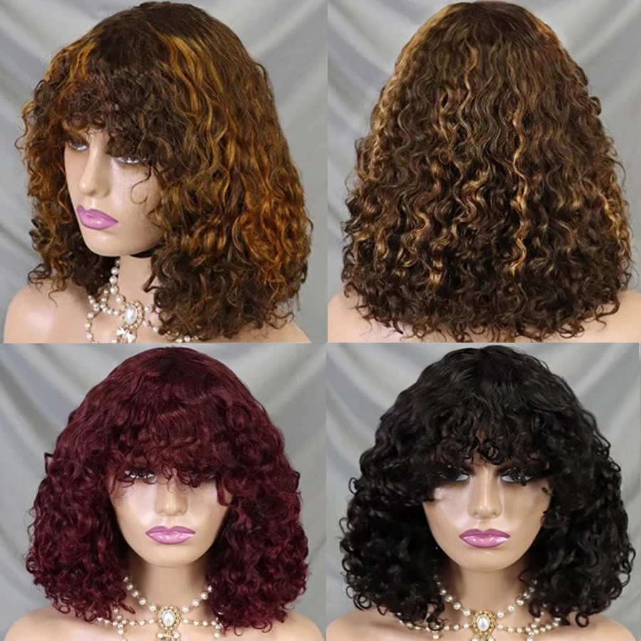 

250% Density Guleless Wig Human Hair Brown Highlight Burgundy Ready to Wear 12 inch Water Wave Remy Hair Thick Bob Wig With Bang