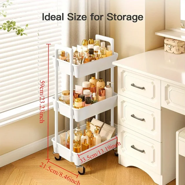 A white, 3 tier rolling cart in a bright craft room, neatly organized with art supplies like yarn and paint.