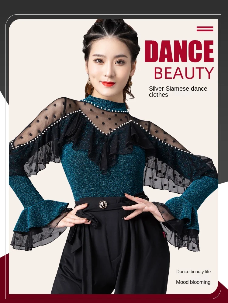 

Modern/Social/Latin Dance Dress Women's New National Standard Dance Waltz Lotus Leaf Long Sleeved Hole Blue and SilverJumpsuit