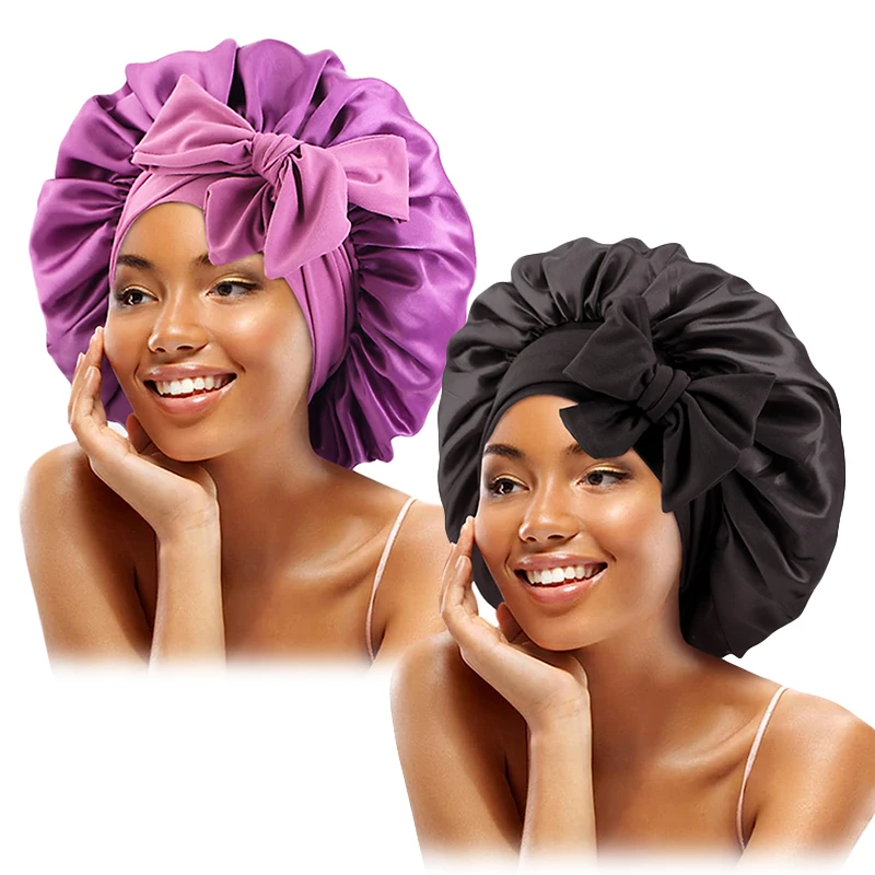 2PCS/LOT Women New Fashion Elastic Wide Edge Satin Solid Adjustable Sleeping Hat Hair Care Bonnet Cosmetic Hat Beauty Care Cap 2pcs lot women night sleep hair cap solid satin bonnet hair styling cap bath cap extra large silky bonnet elastic band hair care